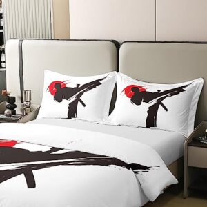 jejeloiu Japanese Style Bedding Set Taekwondo Design Cotton Duvet Cover Set Queen Black White Red Comforter Cover Set for Children Kids Boys Girls Japanese Sports Bedspread Cover Room Decor Bedcothes