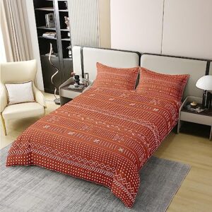 Exotic Geometric Cotton Duvet Cover Set Queen Ethnic African Inspired Boho Bedding Set for Women Men Ultra Soft Rusty Red Stripe Line Comforter Cover Set Arrow Bedspread Cover Room Decor Bedcothes