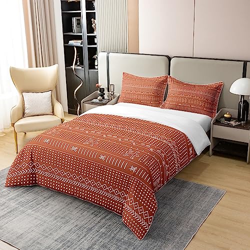 Exotic Geometric Cotton Duvet Cover Set Queen Ethnic African Inspired Boho Bedding Set for Women Men Ultra Soft Rusty Red Stripe Line Comforter Cover Set Arrow Bedspread Cover Room Decor Bedcothes