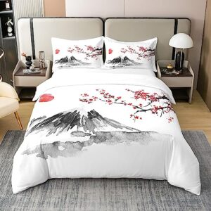 jejeloiu japanese style cotton duvet cover set king set exotic fuji mountain printed bedding set girls women men cherry blossom comforter cover soft cotton soft red floral bedspread cover with ties