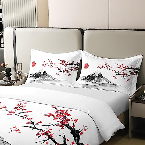 jejeloiu Japanese Style Cotton Duvet Cover Set King Set Exotic Fuji Mountain Printed Bedding Set Girls Women Men Cherry Blossom Comforter Cover Soft Cotton Soft Red Floral Bedspread Cover with Ties