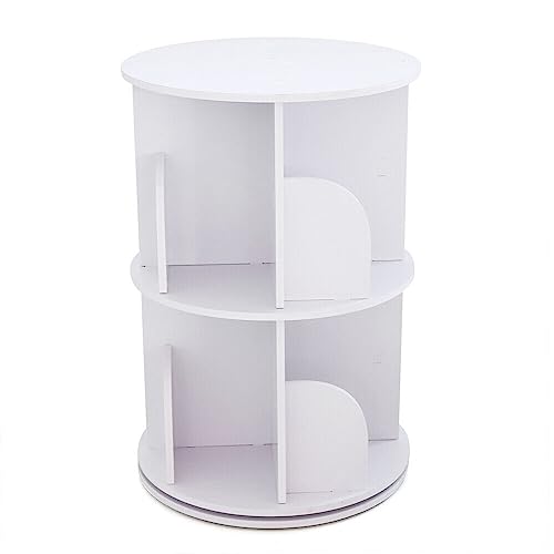 CNCEST 2 Layers 360° Rotating Bookshelves, Open Bookcase Freestanding Storage Shelf Nordic Style Bookshelf Organizer Storage Shelves Shelf Capacity 100k Place Books Small Potted Decorations (White)