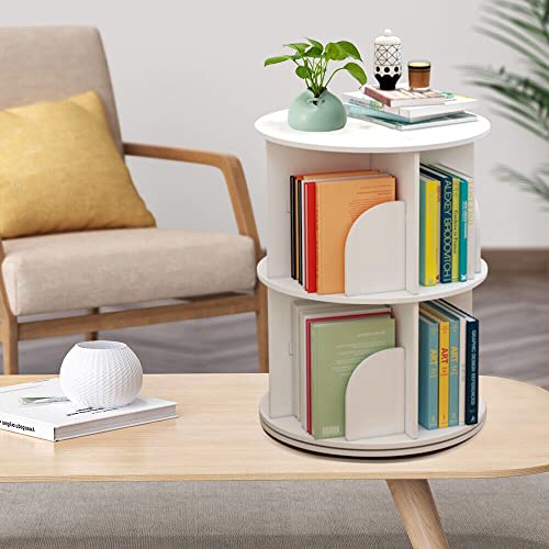 CNCEST 2 Layers 360° Rotating Bookshelves, Open Bookcase Freestanding Storage Shelf Nordic Style Bookshelf Organizer Storage Shelves Shelf Capacity 100k Place Books Small Potted Decorations (White)