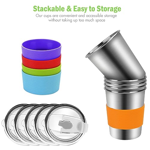 Yummy Sam 5 Pack 8 oz Kids Cups with Lids, Stainless Steel Spill-proof Unbreakable Insulated Drinking Water Tumblers with Anti-slip Sleeves for Children Toddlers Adults