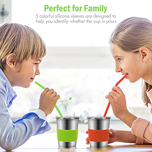 Yummy Sam 5 Pack 8 oz Kids Cups with Lids, Stainless Steel Spill-proof Unbreakable Insulated Drinking Water Tumblers with Anti-slip Sleeves for Children Toddlers Adults