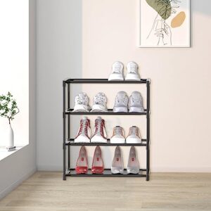 scopbinsa 4-Tier Small Shoe Rack, Stackable Nonwoven Shoe Storage Organizer Metal Shoe Shelf for Entryway, Hallway, cabinet and Closet (4 black)