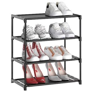 scopbinsa 4-Tier Small Shoe Rack, Stackable Nonwoven Shoe Storage Organizer Metal Shoe Shelf for Entryway, Hallway, cabinet and Closet (4 black)