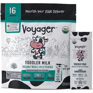 voyager toddler milk on the go, usda organic shelf stable whole milk powder, great for travel, no refrigeration, gluten free with no gmo's and no antibiotics for kids, 16 sachets of 15g