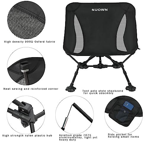 NUOWN Portable Chair Camping Chair Adjustable Height Camping Folding Beach Chair Lightweight Portable Folding Camping Chair with Side Pockets for Hiking & Beach Black