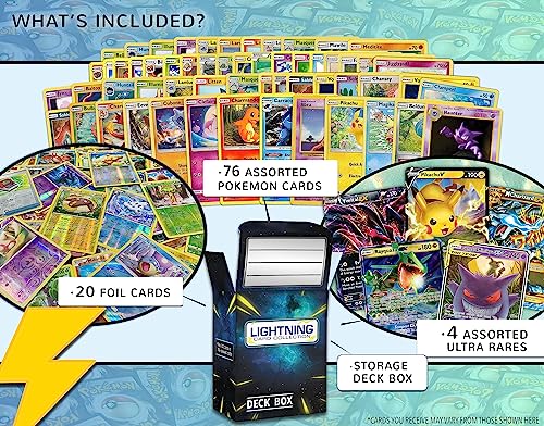 Lightning Card Collection Premium Bundle :100+ Cards inculdes 20 foil Cards | 4 Legendary Ultra Rare V, GX, or EX | LCC Box That is Compatible with Pokemon Cards