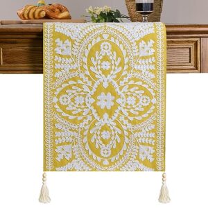keva boho table runner 72inches long with hand-made wooden beads tassel, rustic vintage embroidered table runners 13x72 inch for dining table decorations, yellow table runner for summer décor