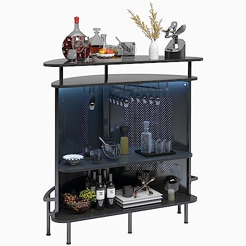 CECER Wine Bar Cabinet with 4 Tiers Storage | RGB LED Light Metal Mesh Industrial Buffet Coffee Counter with Red Wine Rack | Modern Iron＆Wood Mini Liquor Cabinet with Footrest for Home Black