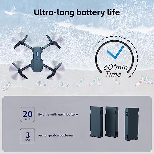 Super Endurance Foldable Drone with Camera for Beginners– Long Flight Time, WiFi FPV Quadcopter with 120°Wide-Angle HD Camera, Optical Flow Positioning, Follow Me, Dual Cameras(3 Batteries) V2