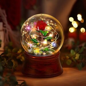 rose snow globe music box, preserved red rose flower musical snow globe led light up rose snowglobe water globe rose gift for mom women girls, romantic gift for valentines,anniversary,christmas