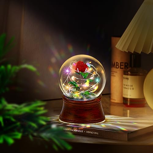 Rose Snow Globe Music Box, Preserved Red Rose Flower Musical Snow Globe LED Light Up Rose Snowglobe Water Globe Rose Gift for Mom Women Girls, Romantic Gift for Valentines,Anniversary,Christmas