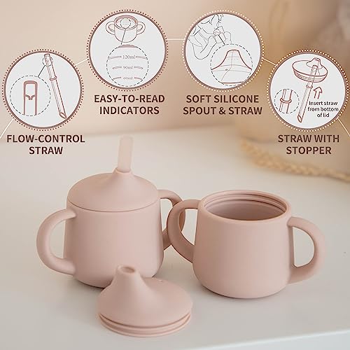 Moonkie Silicone Baby Sippy Cups | 3 Stages Training Cup Straw Cup for Infants Toddlers and Kid, 4 oz (Blush)