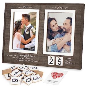 then & now anniversary picture frame, 1-99 years wedding gift ideas - anniversary wood photo frame, engagement bridal shower gifts with sentimental quote - holds 2 4x6 inches photos (then & now)