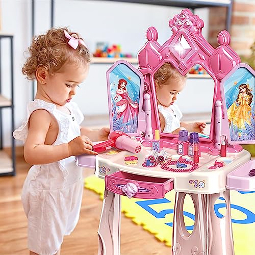 Pretend Play Girls Makeup Table Set with Stool，Open Doors by Gestures，Kids Vanity Set with Lights and Music，Toddler Beauty Salon Set with Makeup Accessories & Hair Dryer Toy for Toddlers 3-5 Years Old