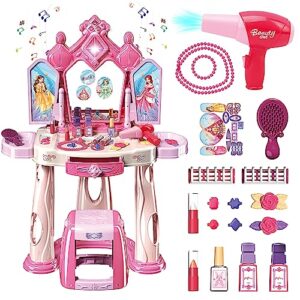 pretend play girls makeup table set with stool，open doors by gestures，kids vanity set with lights and music，toddler beauty salon set with makeup accessories & hair dryer toy for toddlers 3-5 years old
