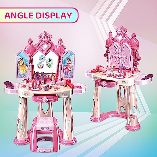 Pretend Play Girls Makeup Table Set with Stool，Open Doors by Gestures，Kids Vanity Set with Lights and Music，Toddler Beauty Salon Set with Makeup Accessories & Hair Dryer Toy for Toddlers 3-5 Years Old