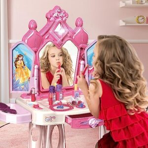 Pretend Play Girls Makeup Table Set with Stool，Open Doors by Gestures，Kids Vanity Set with Lights and Music，Toddler Beauty Salon Set with Makeup Accessories & Hair Dryer Toy for Toddlers 3-5 Years Old