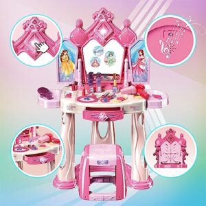 Pretend Play Girls Makeup Table Set with Stool，Open Doors by Gestures，Kids Vanity Set with Lights and Music，Toddler Beauty Salon Set with Makeup Accessories & Hair Dryer Toy for Toddlers 3-5 Years Old