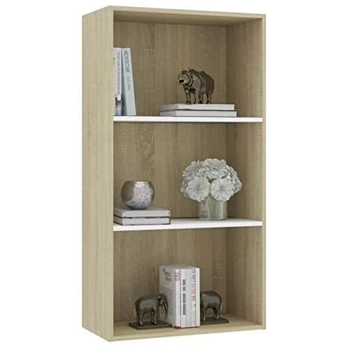 CIADAZ 3-Tier Book Cabinet 3 Tier Shelf Organizer Bedroom Storage and Organization Corner Book Shelf Office Open Bookshelf White and Sonoma Oak 23.6"x11.8"x44.9" Engineered Wood