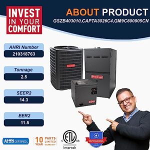 Goodman 2.5 Ton 14.3 SEER2 Single Stage Heat Pump GSZB403010 and 80,000 BTU 80% AFUE Multi-Speed Gas Furnace GM9C800805CN Upflow System with CAPTA3026C4