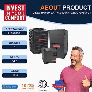 Goodman 3 Ton 14.3 SEER2 Single Stage Heat Pump GSZM403610 and 80,000 BTU 80% AFUE Multi-Speed Gas Furnace GM9C800804CN Upflow System with CAPTA3626C4