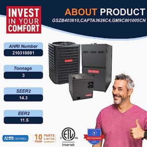 Goodman 3 Ton 14.3 SEER2 Single Stage Heat Pump GSZB403610 and 100,000 BTU 80% AFUE Multi-Speed Gas Furnace GM9C801005CN Upflow System with CAPTA3626C4