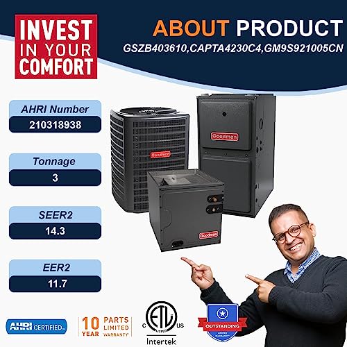 Goodman 3 Ton 14.3 SEER2 Single Stage Heat Pump GSZB403610 and 100,000 BTU 92% AFUE Multi-Speed Gas Furnace GM9S921005CN Upflow System with CAPTA4230C4