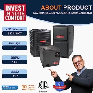 Goodman 3 Ton 14.3 SEER2 Single Stage Heat Pump GSZB403610 and 100,000 BTU 92% AFUE Multi-Speed Gas Furnace GM9S921004CN Upflow System with CAPTA4230C4