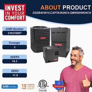 Goodman 3 Ton 14.3 SEER2 Single Stage Heat Pump GSZB403610 and 80,000 BTU 80% AFUE Multi-Speed Gas Furnace GM9S800804CN Upflow System with CAPTA3626C4
