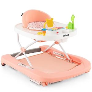 infans foldable baby walker, 3 in 1 toddler walker bouncer, learning-seated, walk-behind, music, adjustable height, high back padded seat, detachable trampoline mat, activity walker with toys (pink)