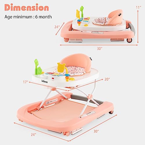 INFANS Foldable Baby Walker, 3 in 1 Toddler Walker Bouncer, Learning-Seated, Walk-Behind, Music, Adjustable Height, High Back Padded Seat, Detachable Trampoline Mat, Activity Walker with Toys (Pink)