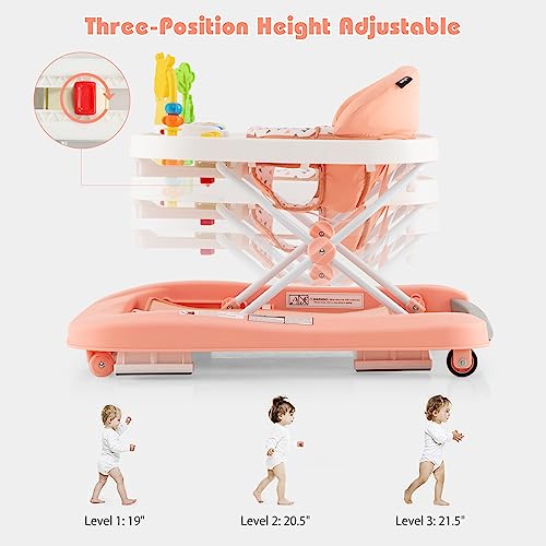 INFANS Foldable Baby Walker, 3 in 1 Toddler Walker Bouncer, Learning-Seated, Walk-Behind, Music, Adjustable Height, High Back Padded Seat, Detachable Trampoline Mat, Activity Walker with Toys (Pink)