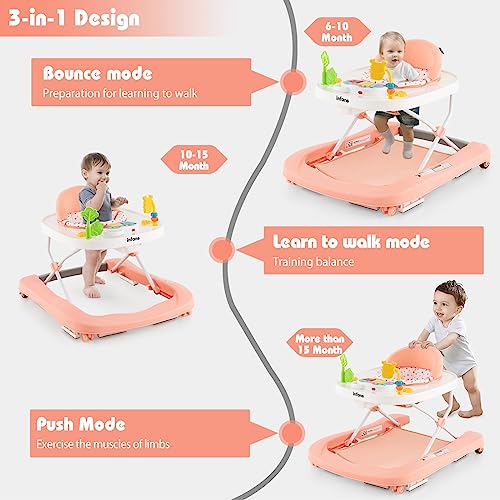 INFANS Foldable Baby Walker, 3 in 1 Toddler Walker Bouncer, Learning-Seated, Walk-Behind, Music, Adjustable Height, High Back Padded Seat, Detachable Trampoline Mat, Activity Walker with Toys (Pink)