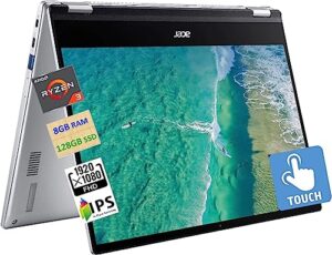 acer 2023 newest spin 2-in-1 convertible chromebook, amd ryzen 3 3250c(up to 3.5ghz), 14 inch fhd ips touchscreen, 8gb ram, 128gb emmc, 128gb micro sd card, wifi, backlit keyboard, chrome os, silver