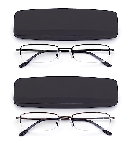 HIGHLIKE 2-Pack Blue Light Blocking Reading Glasses with Hard Cases, Semi Frame Spring Hinge Readers Glasses,Black Gunmetal 3.0 x