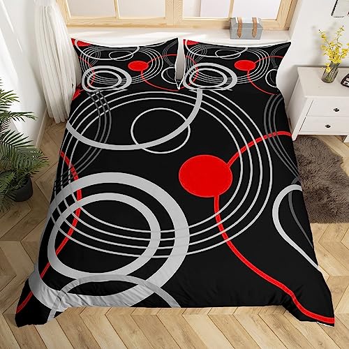 Red Black Grey Comforter Cover Twin Geometric Circle Pattern Bedding Set For Kids Boys Teen Adults,Abstract Simple Geometry Duvet Cover Modern Round Lines Bed Set Farmhouse Home Room Decor 2 Pcs