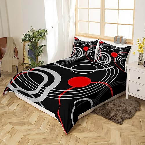 Red Black Grey Comforter Cover Twin Geometric Circle Pattern Bedding Set For Kids Boys Teen Adults,Abstract Simple Geometry Duvet Cover Modern Round Lines Bed Set Farmhouse Home Room Decor 2 Pcs