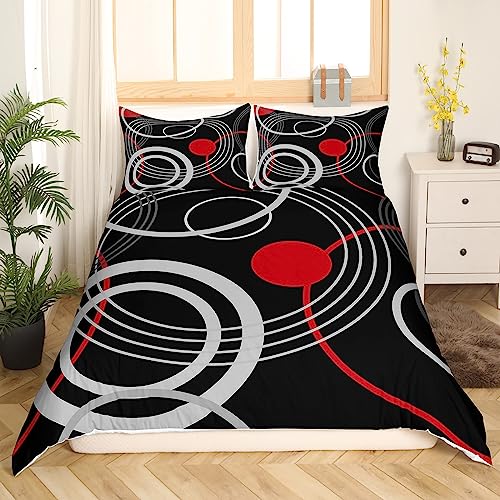 Red Black Grey Comforter Cover Twin Geometric Circle Pattern Bedding Set For Kids Boys Teen Adults,Abstract Simple Geometry Duvet Cover Modern Round Lines Bed Set Farmhouse Home Room Decor 2 Pcs