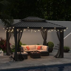 Cloud Mountain Steel Gazebo Hardtop Double Roof Rectangular 10'x12', Black