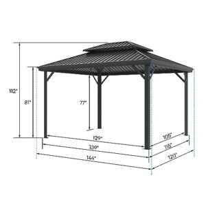 Cloud Mountain Steel Gazebo Hardtop Double Roof Rectangular 10'x12', Black