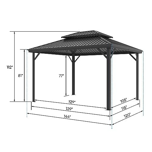 Cloud Mountain Steel Gazebo Hardtop Double Roof Rectangular 10'x12', Black