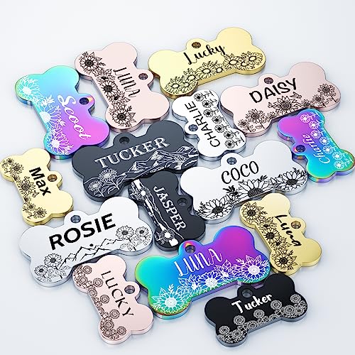 Dog Tags Engraved for Pets, YEHANTI Stainless Steel Pet ID Tags with Sunflower Designs, Dog Name Tags Personalized Both Sides Engraving, Custom Pet Tags for Dogs and Cats (Bone - Sunflower)