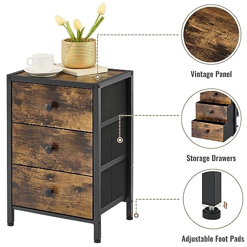 Gewudraw Nightstand with Drawers, Bedside Table with Storage, Sofa Couch Table Wooden End Table for Bedroom, Living Room, Rustic Brown