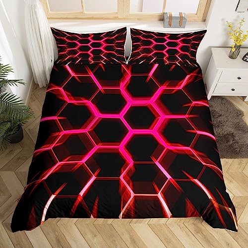 Erosebridal Honeycomb Bedding Set for Girls,Red Pink 3D Beehive Comforter Cover,Geometric Hexagon Duvet Cover,Glowing Glitter Neon Lights Bed Sets Full Chic Simplistic Style Bedroom Decor Black