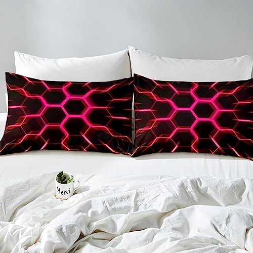 Erosebridal Honeycomb Bedding Set for Girls,Red Pink 3D Beehive Comforter Cover,Geometric Hexagon Duvet Cover,Glowing Glitter Neon Lights Bed Sets Full Chic Simplistic Style Bedroom Decor Black