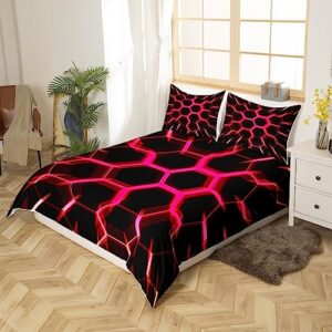 Erosebridal Honeycomb Bedding Set for Girls,Red Pink 3D Beehive Comforter Cover,Geometric Hexagon Duvet Cover,Glowing Glitter Neon Lights Bed Sets Full Chic Simplistic Style Bedroom Decor Black